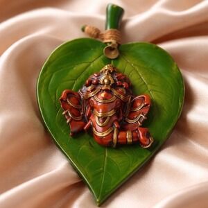Lord Ganesha on Green Leaf Wall Hanging Hindu Deity Home Decor Sculpture